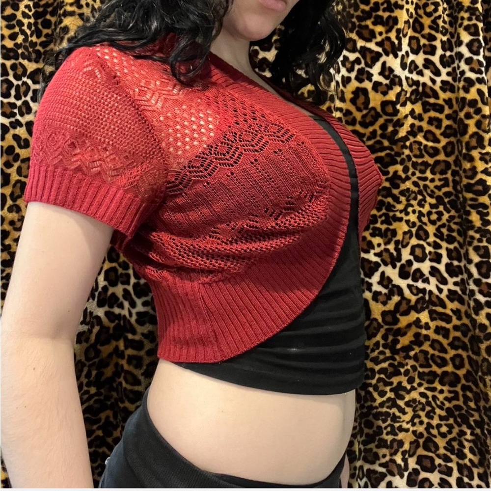 Debut Red Knit shrug with Mesh Accents